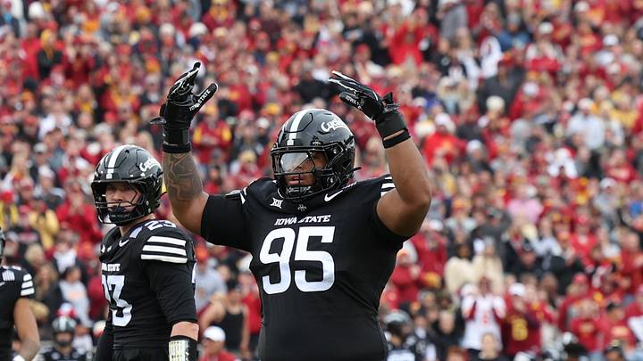 Oct 25, 2025; Ames, Iowa, USA; Iowa State Cyclones defensive lineman Domonique Orange (95) celibates in their game with the BYU Cougars at Jack Trice Stadium. Mandatory Credit: Reese Strickland-Imagn Images