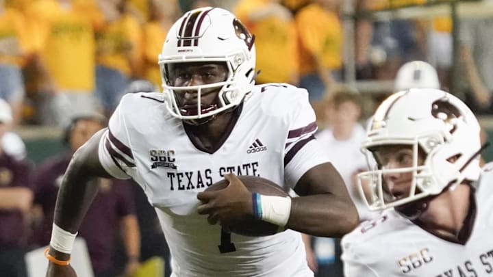 Sep 2, 2023; Waco, Texas, USA; Texas State Bobcats quarterback TJ Finley (7) carries the ball for a