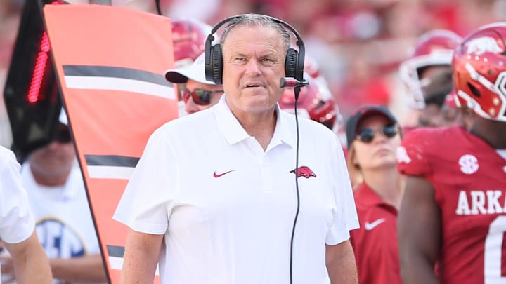 Sep 14, 2024; Fayetteville, Arkansas, USA; Arkansas Razorbacks head coach Sam Pittman during the second quarter against the UAB Blazers at Donald W. Reynolds Razorback Stadium. Mandatory Credit: Nelson Chenault-Imagn Images