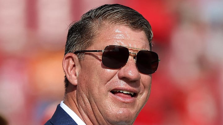 Dec 29, 2024; Tampa, Florida, USA; Tampa Bay Buccaneers general manager Jason Licht prior to the game against the Carolina Panthers at Raymond James Stadium. Mandatory Credit: Kim Klement Neitzel-Imagn Images