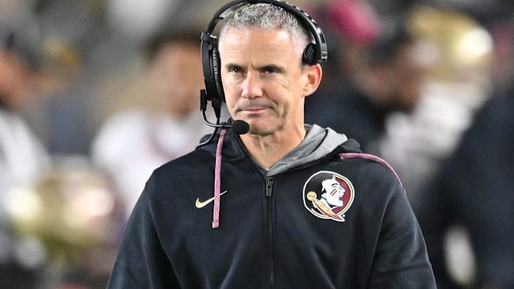 Nov 9, 2024; South Bend, Indiana, USA; Florida State Seminoles head coach Mike Norvell watches in the third quarter against the Notre Dame Fighting Irish at Notre Dame Stadium. Mandatory Credit: Matt Cashore-Imagn Images