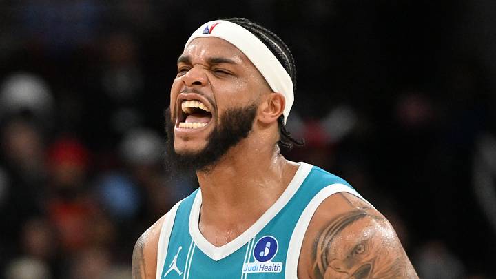 Former Charlotte Hornets forward Miles Bridges reacts against the Chicago Bulls during the second half at United Center on Jan. 3, 2026.