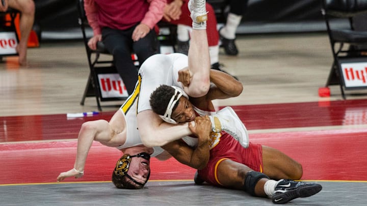Iowa State's David Carr (right) wrestles Missouri's Jarrett Jacques during an Iowa State vs. University of Missouri match on Jan. 17, 2020 at Hilton Coliseum. Missouri beat Northern Iowa 34-6, then the Cyclones at 31-7. Iowa State's David Carr (right) wrestles Missouri's Jarrett Jacques during an Iowa State vs. University of Missouri match on Jan. 17, 2020 at Hilton Coliseum. Missouri beat Northern Iowa 34-6, then the Cyclones at 31-7.