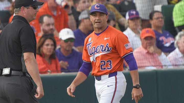 Clemson Head Coach Erik Bakich during the top of the fifth inning at the NCAA baseball Clemson Regional at Doug Kingsmore Stadium in Clemson, S.C. Saturday, May 31, 2025.