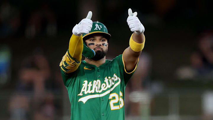 Aug 30, 2025; West Sacramento, California, USA; Athletics left fielder Carlos Cortes (26) reacts after hitting a double against the Texas Rangers during the second inning at Sutter Health Park. Mandatory Credit: Dennis Lee-Imagn Images Aug 30, 2025; West Sacramento, California, USA; Athletics left fielder Carlos Cortes (26) reacts after hitting a double against the Texas Rangers during the second inning at Sutter Health Park. Mandatory Credit: Dennis Lee-Imagn Images