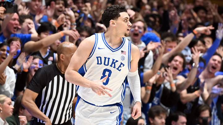 Feb 28, 2026; Durham, North Carolina, USA; Duke Blue Devils guard Darren Harris (8) reacts after hitting a three-pointer during the first half against the Virginia Cavaliers at Cameron Indoor Stadium. Mandatory Credit: Rob Kinnan-Imagn Images
