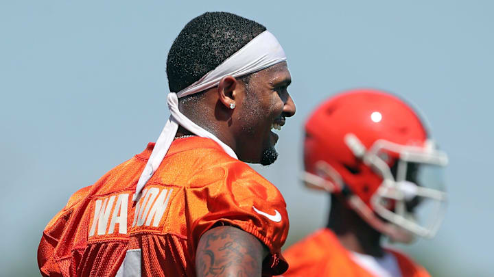 Browns quarterback Deshaun Watson (4) laughs as he watches Tyler Huntley take reps during minicamp, Thursday, June 13, 2024, in Berea.