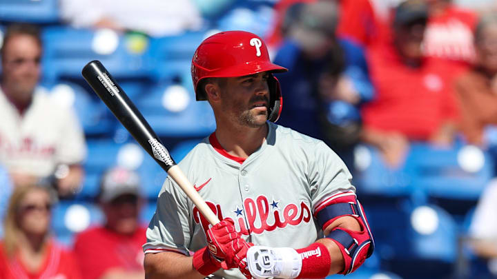 Feb 24, 2024; Dunedin, Florida, USA;  Philadelphia Phillies second baseman Whit Merrifield (9) looks