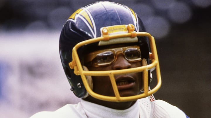 Nov 11, 1979; Cincinnati, OH, USA; FILE PHOTO; San Diego Chargers receiver John Jefferson (83) on the field prior to a game against the Cincinnati Bengals at the Riverfront Stadium. Mandatory Credit: Malcolm Emmons-USA TODAY NETWORK