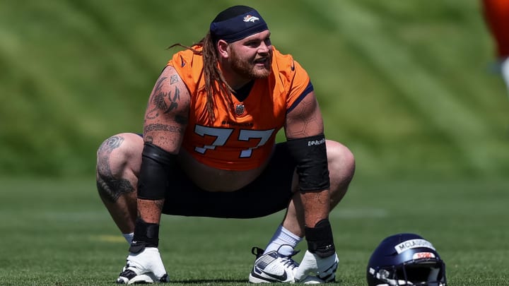 May 23, 2024; Englewood, CO, USA; Denver Broncos guard Quinn Meinerz (77) during organized team activities at Centura Health Training Center. Mandatory Credit: Isaiah J. Downing-USA TODAY Sports