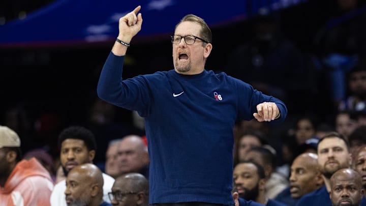 Dec 4, 2024; Philadelphia, Pennsylvania, USA; Philadelphia 76ers head coach Nick Nurse reacts during the fourth quarter against the Orlando Magic at Wells Fargo Center. Mandatory Credit: Bill Streicher-Imagn Images