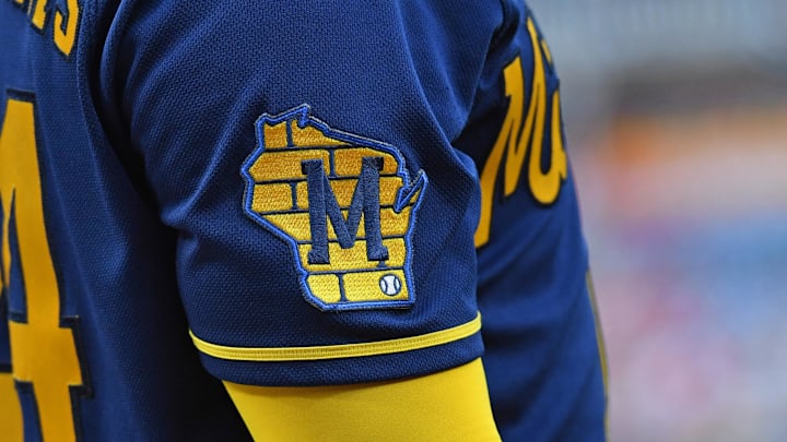 Jul 19, 2023; Philadelphia, Pennsylvania, USA; Milwaukee Brewers logo patch on the jersey of catcher William Contreras (24) against the Philadelphia Phillies  Citizens Bank Park. Mandatory Credit: Eric Hartline-Imagn Images
