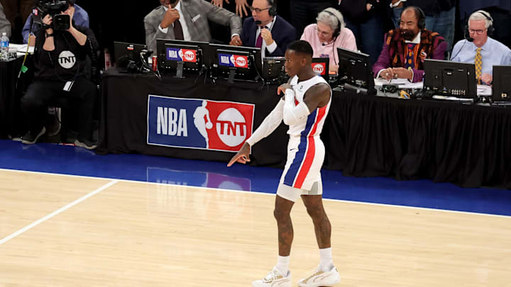 Apr 21, 2025; New York, New York, USA; Detroit Pistons guard Dennis Schroder (17) celebrates his three point shot against the New York Knicks during the fourth quarter of game two of the first round of the 2024 NBA Playoffs at Madison Square Garden. Mandatory Credit: Brad Penner-Imagn Images