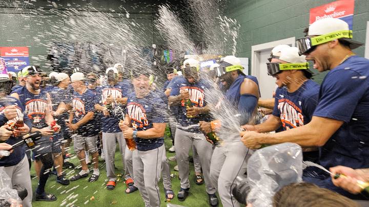 Sep 27, 2026; West Sacramento, California, USA; The Houston Astros celebrate after winning the AL West on the last game of the season against the Athletics at Sutter Health Park. Mandatory Credit: Ed Szczepanski-Imagn Images Sep 27, 2026; West Sacramento, California, USA; The Houston Astros celebrate after winning the AL West on the last game of the season against the Athletics at Sutter Health Park. Mandatory Credit: Ed Szczepanski-Imagn Images