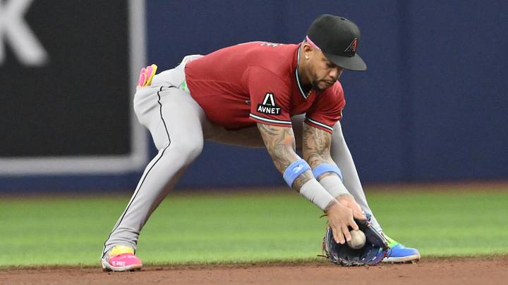 Jun 27, 2026; St. Petersburg, Florida, USA; Arizona Diamondbacks short stop Ketel Marte (4) catches the ball during the fifth inning against Tampa Bay Rays at Tropicana Field. Mandatory Credit: Pablo Robles-Imagn Images