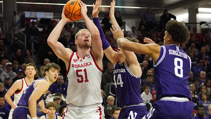 Nebraska Cornhuskers forward Rienk Mast goes to the basket on Northwestern Wildcats forward Tre Singleton.