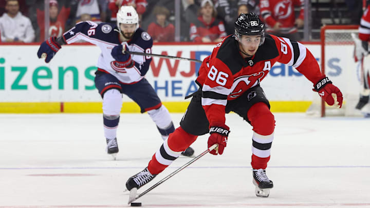 New Jersey Devils center Jack Hughes (86). Mandatory Credit: Ed Mulholland-Imagn Images
