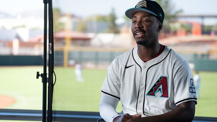 Gino Groover gives an interview during the Arizona Fall League media day at Scottsdale Stadium on Oct. 4, 2024, in Scottsdale, Arizona.