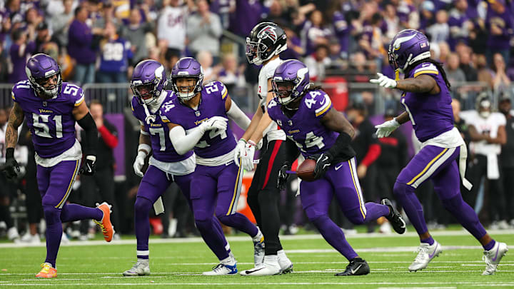 Dec 8, 2024; Minneapolis, Minnesota, USA; Minnesota Vikings safety Josh Metellus (44) celebrates his interception against the Atlanta Falcons during the second quarter at U.S. Bank Stadium. Dec 8, 2024; Minneapolis, Minnesota, USA; Minnesota Vikings safety Josh Metellus (44) celebrates his interception against the Atlanta Falcons during the second quarter at U.S. Bank Stadium.