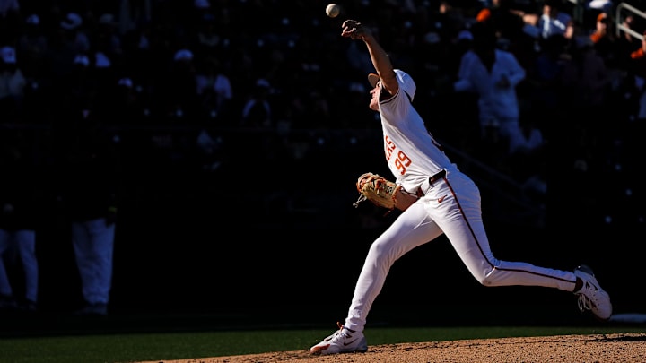 Texas Longhorns pitcher Dylan Volantis (99) throw a pitch during the annual Texas baseball alumni game at UFCU Disch-Falk Field on Saturday, Feb. 1, 2025.