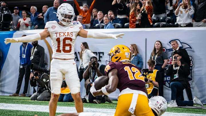 Texas Longhorns defensive back Michael Taaffe (16) signals an incomplete pass after defensive back Malik Muhammad (5) prevents a pass completion to Arizona State Sun Devils wide receiver Malik McClain (12) in the end zone during the first overtime period as the Texas Longhorns play the Arizona State Sun Devils in the Peach Bowl College Football Playoff quarterfinal at Mercedes-Benz Stadium in Atlanta, Georgia, Jan. 1, 2025.