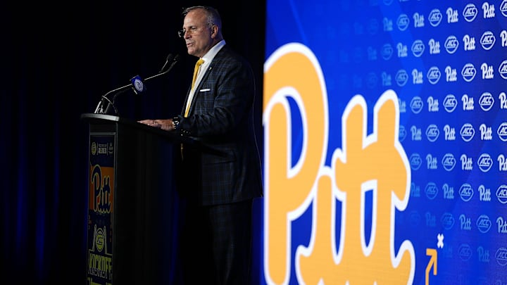 Jul 23, 2025; Charlotte, NC, USA; Pittsburgh Head Coach Pat Narduzzi answers questions from the media during ACC Media days at Hilton Charlotte Uptown. Mandatory Credit: Jim Dedmon-Imagn Images