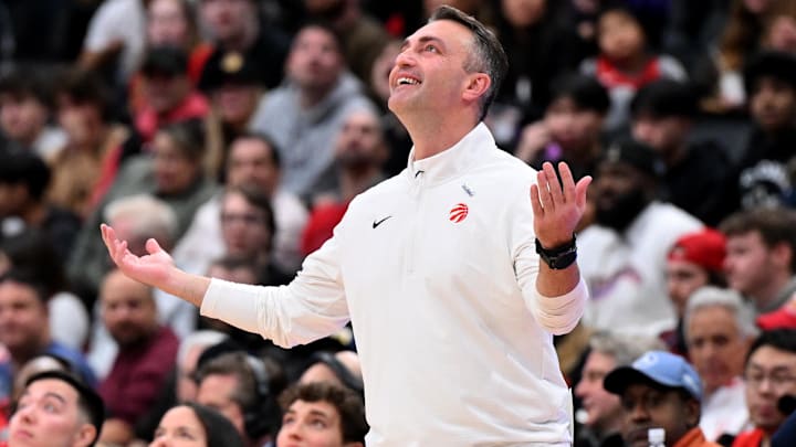 Dec 29, 2024; Toronto, Ontario, CAN;  Toronto Raptors head coach Darko Rajakovic reacts to a foul call in the second half against the Atlanta Hawks at Scotiabank Arena. Mandatory Credit: Dan Hamilton-Imagn Images