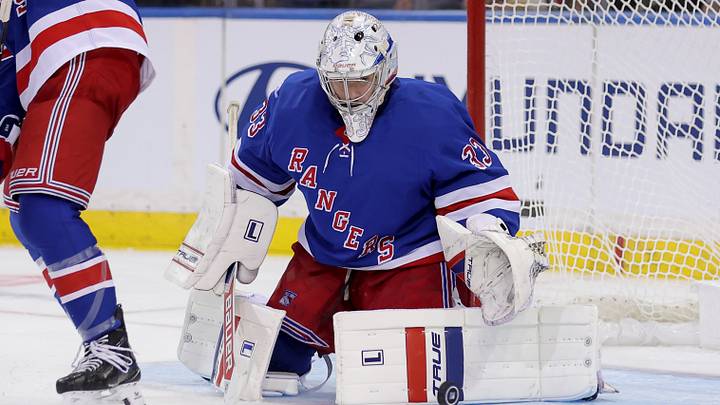 Oct 13, 2026; New York, New York, USA; New York Rangers goaltender Dylan Garand (33) makes a save against the Tampa Bay Lightning during the second period at Madison Square Garden. Mandatory Credit: Brad Penner-Imagn Images Oct 13, 2026; New York, New York, USA; New York Rangers goaltender Dylan Garand (33) makes a save against the Tampa Bay Lightning during the second period at Madison Square Garden. Mandatory Credit: Brad Penner-Imagn Images