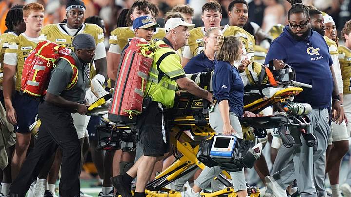 Georgia Tech cornerback Jaylen Mbakwe (3) is taken off the field on a stretcher during a college football game between Tennessee and Georgia Tech at Bobby Dodd Stadium in Atlanta, Ga., on Sept. 12, 2026. Georgia Tech cornerback Jaylen Mbakwe (3) is taken off the field on a stretcher during a college football game between Tennessee and Georgia Tech at Bobby Dodd Stadium in Atlanta, Ga., on Sept. 12, 2026.