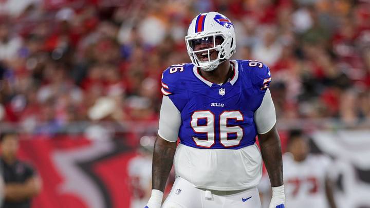 Buffalo Bills defensive tackle Deone Walker (96) reacts after a play against the Tampa Bay Buccaneers in the first quarter at Raymond James Stadium. Buffalo Bills defensive tackle Deone Walker (96) reacts after a play against the Tampa Bay Buccaneers in the first quarter at Raymond James Stadium.