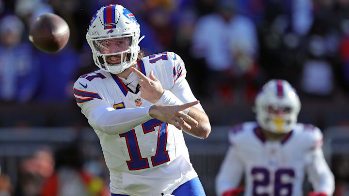 Buffalo Bills quarterback Josh Allen (17) gets a pass off during the first half of an NFL football game at Huntington Bank Field, Dec. 21, 2025, in Cleveland, Ohio.