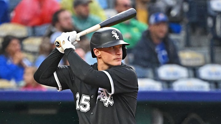 Chicago White Sox first baseman Andrew Vaughn (25) against the Kansas City Royals at Kauffman Stadium. Chicago White Sox first baseman Andrew Vaughn (25) against the Kansas City Royals at Kauffman Stadium.