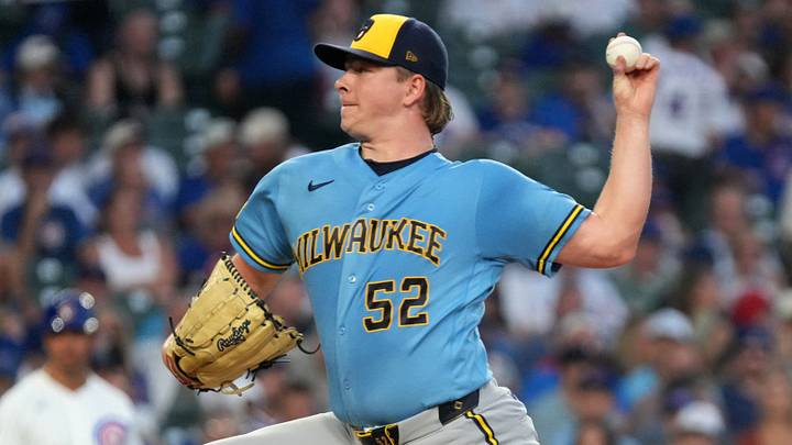Aug 31, 2026; Chicago, Illinois, USA;  Milwaukee Brewers pitcher Kyle Harrison (52) throws a pitch against the Chicago Cubs during the first inning at Wrigley Field.  Mandatory Credit: David Banks-Imagn Images