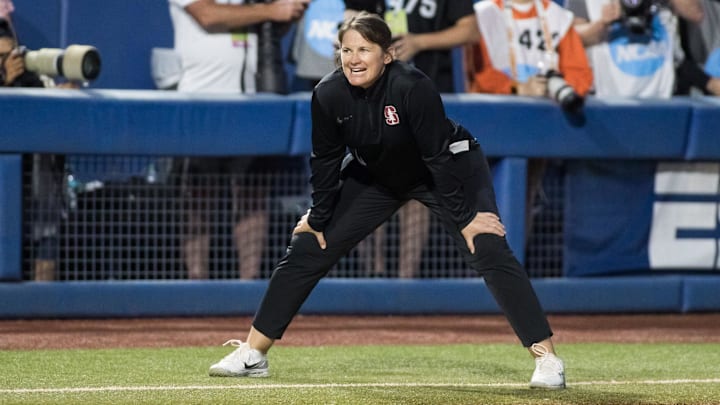 May 31, 2024; Oklahoma City, OK, USA;  Stanford Cardinals head coach Jessica Allister looks on in the first inning against the Oklahoma State Cowgirls during a Women's College World Series softball losers bracket elimination game at Devon Park. Mandatory Credit: Brett Rojo-Imagn Images