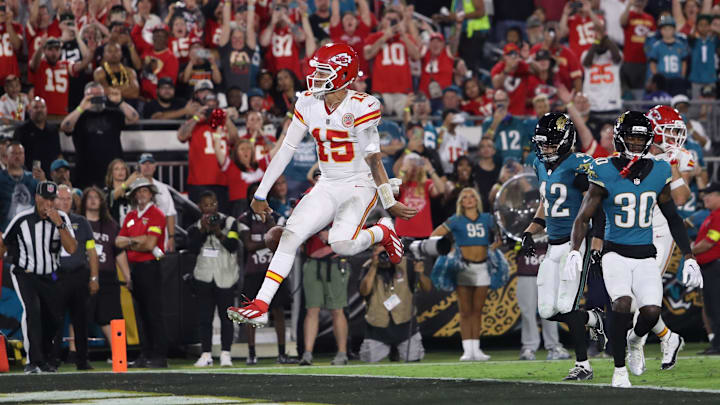 Oct 6, 2025; Jacksonville, Florida, USA; Kansas City Chiefs quarterback Patrick Mahomes (15) celebrates after scoring a touchdown during the first half against the Jacksonville Jaguars at EverBank Stadium. Mandatory Credit: Morgan Tencza-Imagn Images Oct 6, 2025; Jacksonville, Florida, USA; Kansas City Chiefs quarterback Patrick Mahomes (15) celebrates after scoring a touchdown during the first half against the Jacksonville Jaguars at EverBank Stadium. Mandatory Credit: Morgan Tencza-Imagn Images