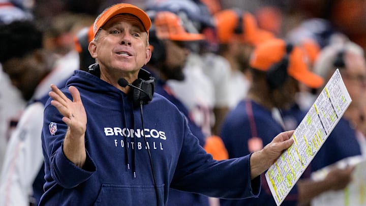 Oct 17, 2024; New Orleans, Louisiana, USA; Denver Broncos head coach Sean Payton reacts during the fourth quarter against the New Orleans Saints at Caesars Superdome. 
