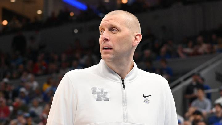 Mar 20, 2026; St. Louis, MO, USA; Kentucky Wildcats head coach Mark Pope looks on against the Santa Clara Broncos during the first half of a first round game of the men's 2026 NCAA Tournament at Enterprise Center. Mandatory Credit: Jeff Curry-Imagn Images Mar 20, 2026; St. Louis, MO, USA; Kentucky Wildcats head coach Mark Pope looks on against the Santa Clara Broncos during the first half of a first round game of the men's 2026 NCAA Tournament at Enterprise Center. Mandatory Credit: Jeff Curry-Imagn Images