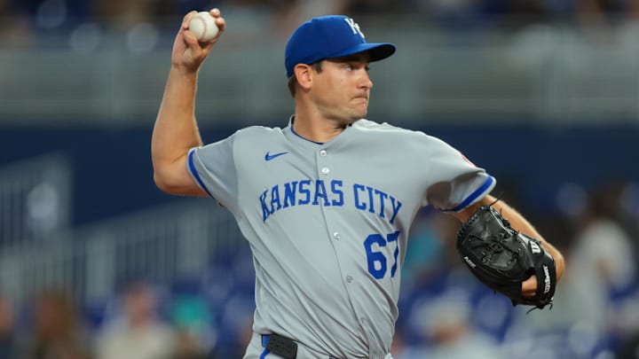Jul 18, 2025; Miami, Florida, USA; Kansas City Royals starting pitcher Seth Lugo (67) delivers a pitch against the Miami Marlins during the first inning at loanDepot Park