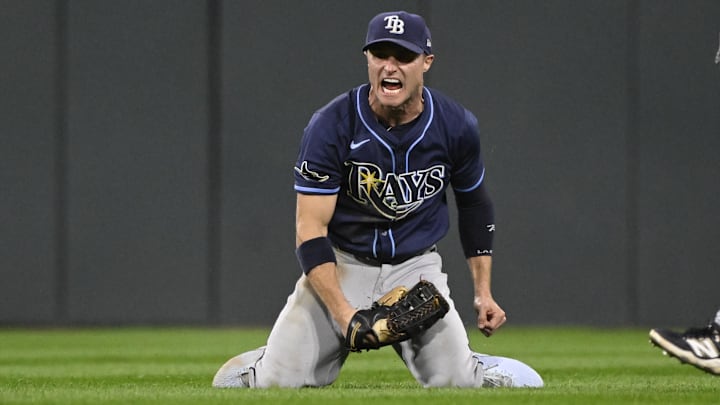 Sep 10, 2025; Chicago, Illinois, USA; Tampa Bay Rays outfielder Jake Mangum (28) yells after catching a fly ball hit by Chicago White Sox second baseman Chase Meidroth (10) during the eighth inning at Rate Field. Mandatory Credit: Matt Marton-Imagn Images
