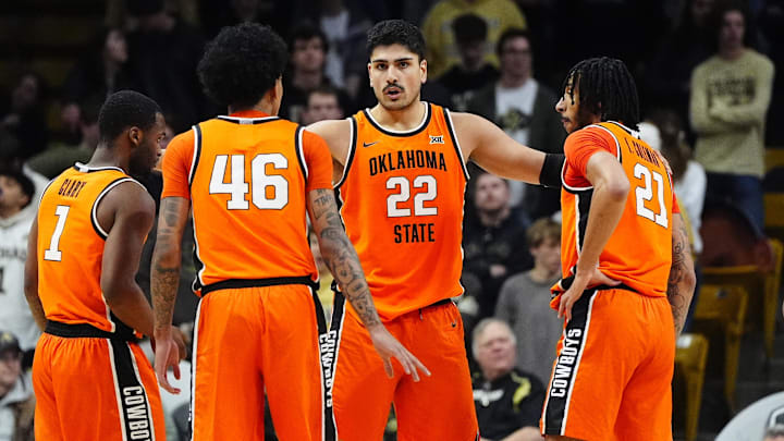 Feb 21, 2026; Boulder, Colorado, USA; Oklahoma State Cowboys center Parsa Fallah (22) huddles his teammates in the second half against the Colorado Buffaloes at the CU Events Center. Mandatory Credit: Ron Chenoy-Imagn Images Feb 21, 2026; Boulder, Colorado, USA; Oklahoma State Cowboys center Parsa Fallah (22) huddles his teammates in the second half against the Colorado Buffaloes at the CU Events Center. Mandatory Credit: Ron Chenoy-Imagn Images