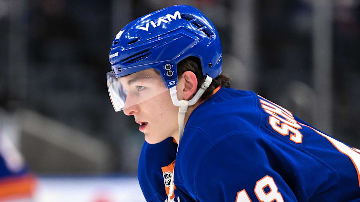 Dec 19, 2025; Elmont, New York, USA; New York Islanders defenseman Matthew Schaefer (48) warms up before a game against the Vancouver Canucks at UBS Arena. Mandatory Credit: John Jones-Imagn Images