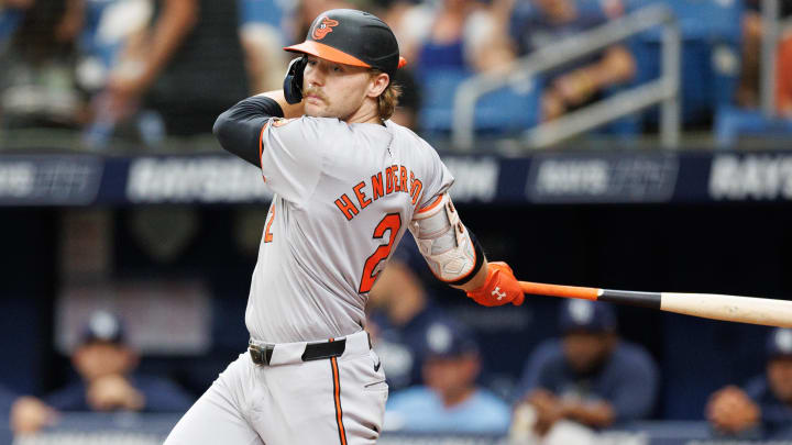 Jun 9, 2024; St. Petersburg, Florida, USA; Baltimore Orioles shortstop Gunnar Henderson (2) doubles against the Tampa Bay Rays in the third inning at Tropicana Field. Jun 9, 2024; St. Petersburg, Florida, USA; Baltimore Orioles shortstop Gunnar Henderson (2) doubles against the Tampa Bay Rays in the third inning at Tropicana Field.