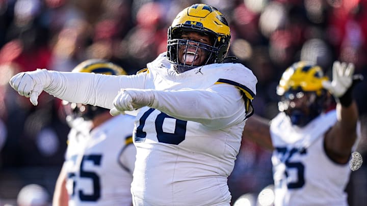 Michigan defensive lineman Kenneth Grant (78) celebrates after Ohio State misses a field goal during the second half at Ohio Stadium in Columbus, Ohio on Saturday, Nov. 30, 2024. Michigan defensive lineman Kenneth Grant (78) celebrates after Ohio State misses a field goal during the second half at Ohio Stadium in Columbus, Ohio on Saturday, Nov. 30, 2024.