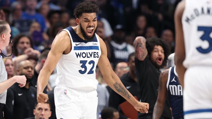 May 28, 2024; Dallas, Texas, USA; Minnesota Timberwolves center Karl-Anthony Towns (32) reacts during the fourth quarter against the Dallas Mavericks in game four of the western conference finals for the 2024 NBA playoffs at American Airlines Center May 28, 2024; Dallas, Texas, USA; Minnesota Timberwolves center Karl-Anthony Towns (32) reacts during the fourth quarter against the Dallas Mavericks in game four of the western conference finals for the 2024 NBA playoffs at American Airlines Center