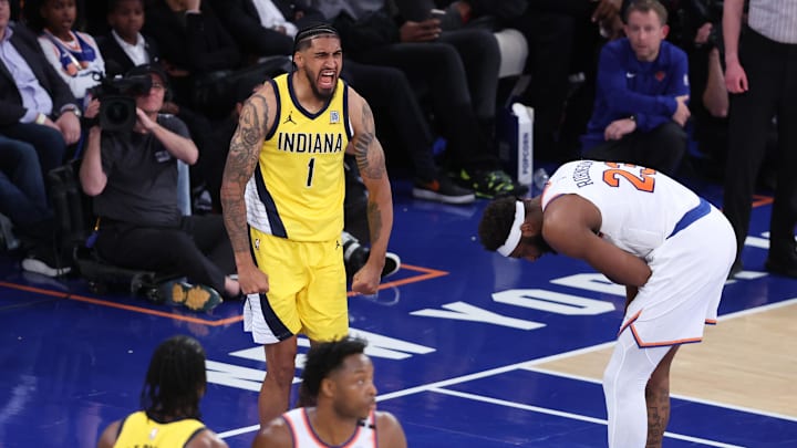 May 21, 2025; New York, New York, USA; Indiana Pacers forward Obi Toppin (1) reacts in the second half against the New York Knicks during game one of the eastern conference finals for the 2025 NBA Playoffs at Madison Square Garden. Mandatory Credit: Wendell Cruz-Imagn Images
