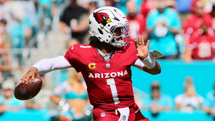 Oct 27, 2024; Miami Gardens, Florida, USA; Arizona Cardinals quarterback Kyler Murray (1) throws the football against the Miami Dolphins during the second quarter at Hard Rock Stadium. Mandatory Credit: Sam Navarro-Imagn Images