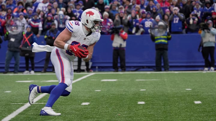 Buffalo Bills tight end Dawson Knox catches a pass and gains several yards on the play during second half action against the Tampa Bay Buccaneers on Nov 16, 2025 at Highmark Stadium in Orchard Park. Buffalo Bills tight end Dawson Knox catches a pass and gains several yards on the play during second half action against the Tampa Bay Buccaneers on Nov 16, 2025 at Highmark Stadium in Orchard Park.