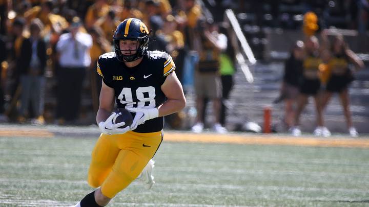 Iowa’s Zach Ortwerth (48) runs for extra yards against Iowa State during the CyHawk game Saturday, Sept. 7, 2024 at Kinnick Stadium in Iowa City, Iowa. Iowa’s Zach Ortwerth (48) runs for extra yards against Iowa State during the CyHawk game Saturday, Sept. 7, 2024 at Kinnick Stadium in Iowa City, Iowa.