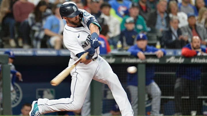Sep 28, 2022; Seattle, Washington, USA; Seattle Mariners right fielder Mitch Haniger (17) hits a