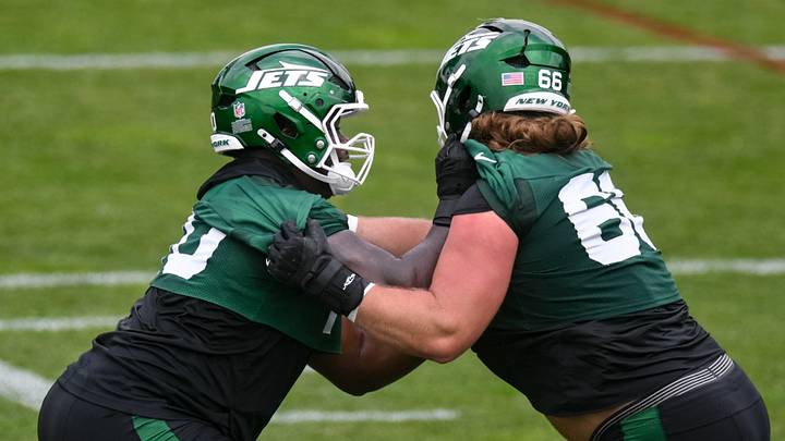 Jun 10, 2026; Florham Park, NY, USA; New York Jets offensive tackle Armand Membou (70) and center Joe Tippmann (66) participate in a drill during minicamp at Atlantic Health Jets Training Center. Mandatory Credit: John Jones-Imagn Images Jun 10, 2026; Florham Park, NY, USA; New York Jets offensive tackle Armand Membou (70) and center Joe Tippmann (66) participate in a drill during minicamp at Atlantic Health Jets Training Center. Mandatory Credit: John Jones-Imagn Images